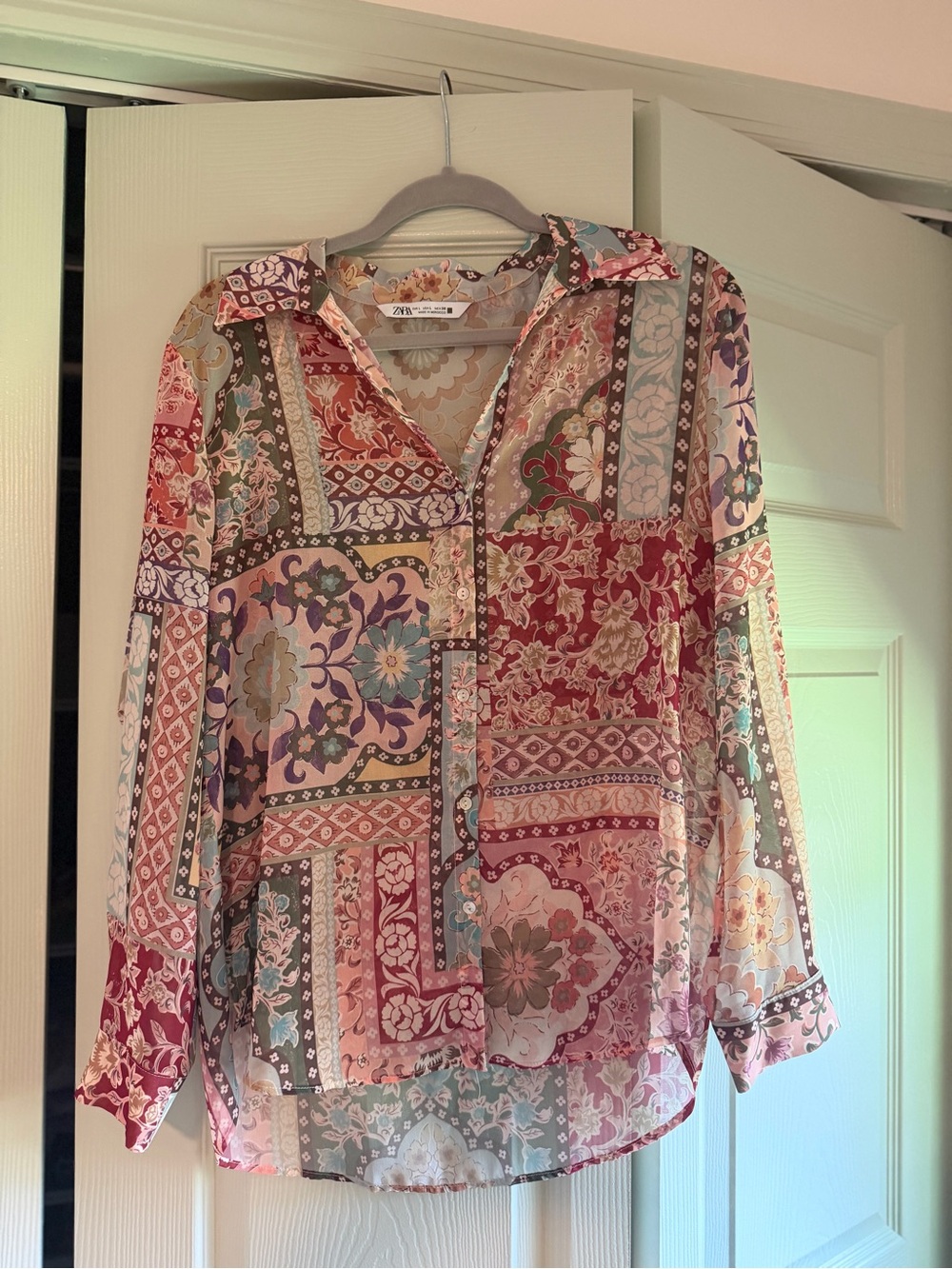 Zara Multi-Color Patchwork Floral Button-Up Blouse